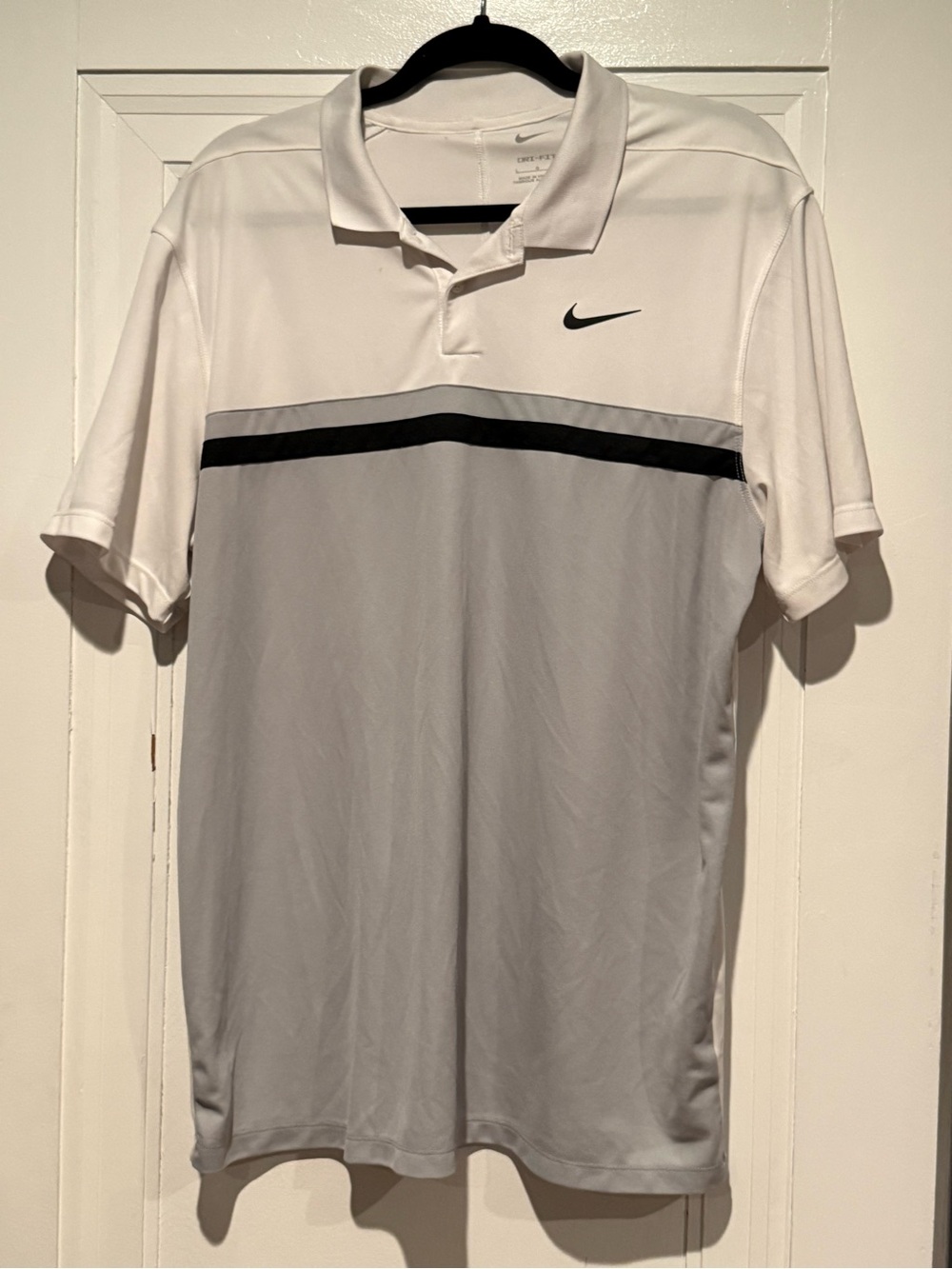 Nike Men’s White and Light Gray Polo with Black Stripe